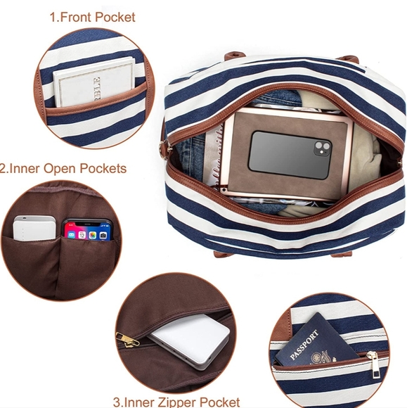 Canvas Weekender Travel Duffel Bag Shoe Compartment Navy Beige Boho Striped - Picture 16 of 16